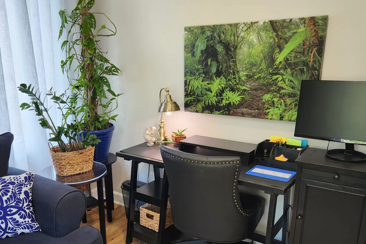 A private session room in the Raleigh office — a tidy desk and chair by a curtained window, framed rainforest artwork, and leafy potted plants.